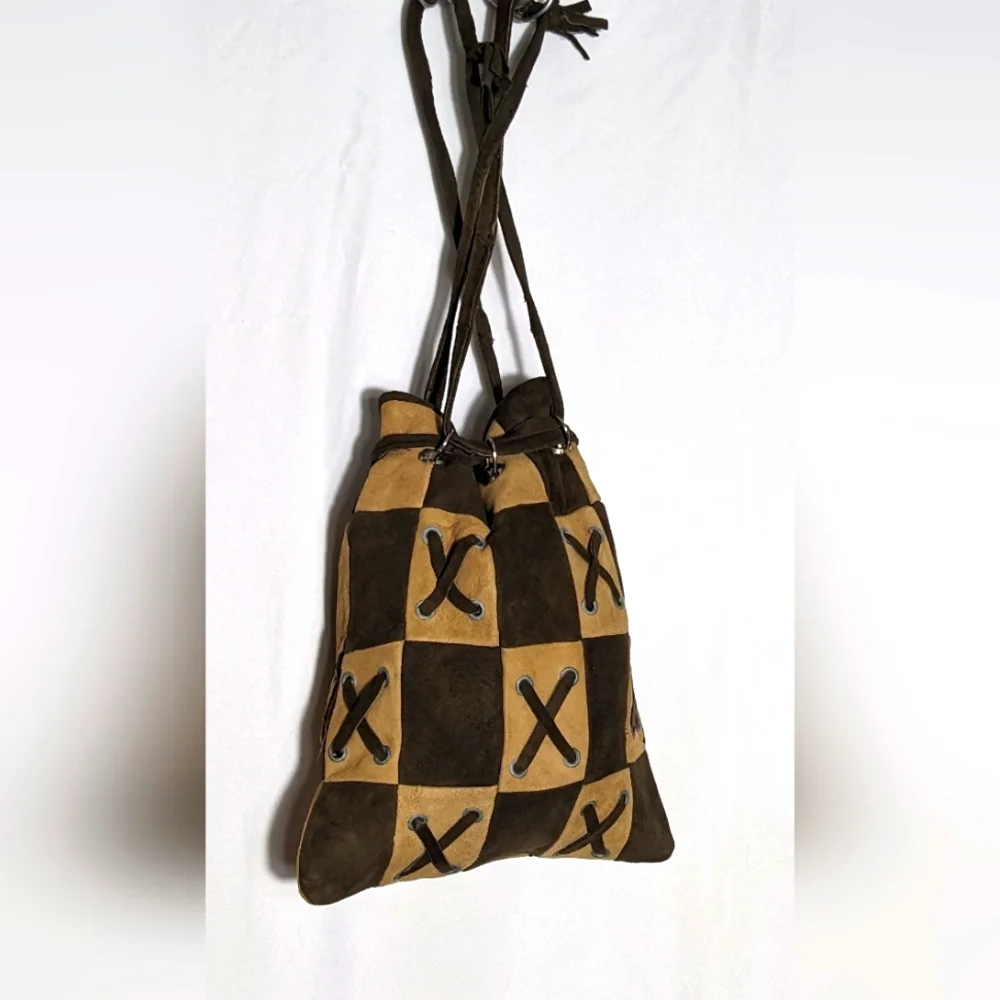 Vintage 1960's  Boho tan &‎ brown patchwork suede purse, made in Spain
